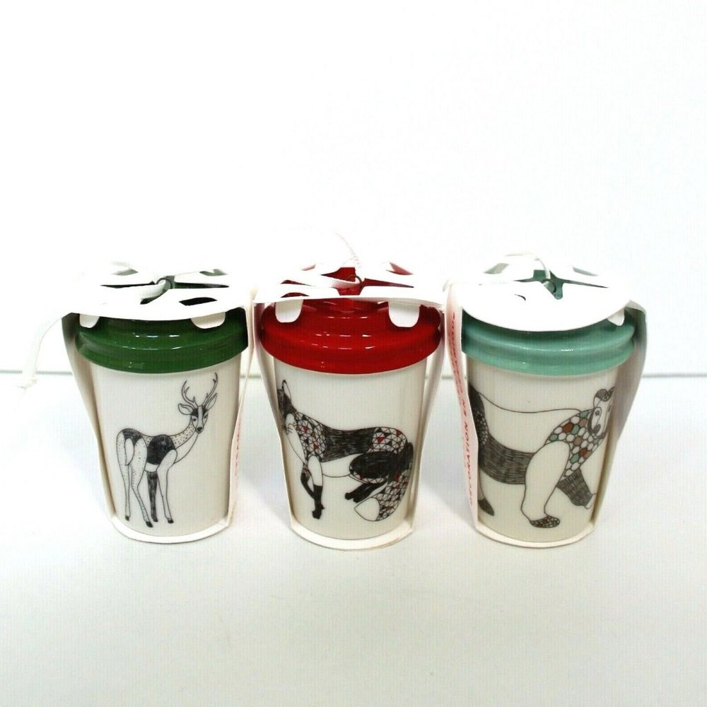 Starbucks 2017 Deer Bear Fox Christmas Holiday Ceramic Ornament Set